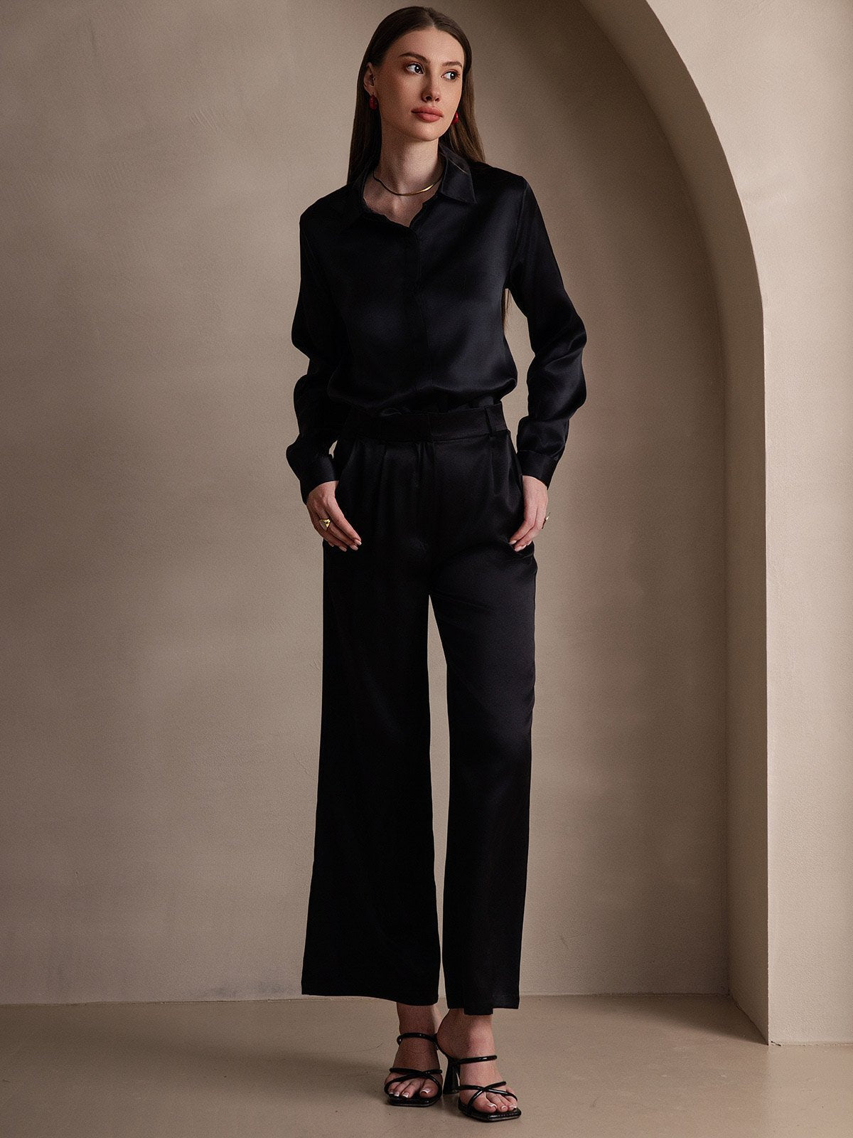 [Black] SilkSilky-UK 19Momme Silk Collar Women's Shirt 007