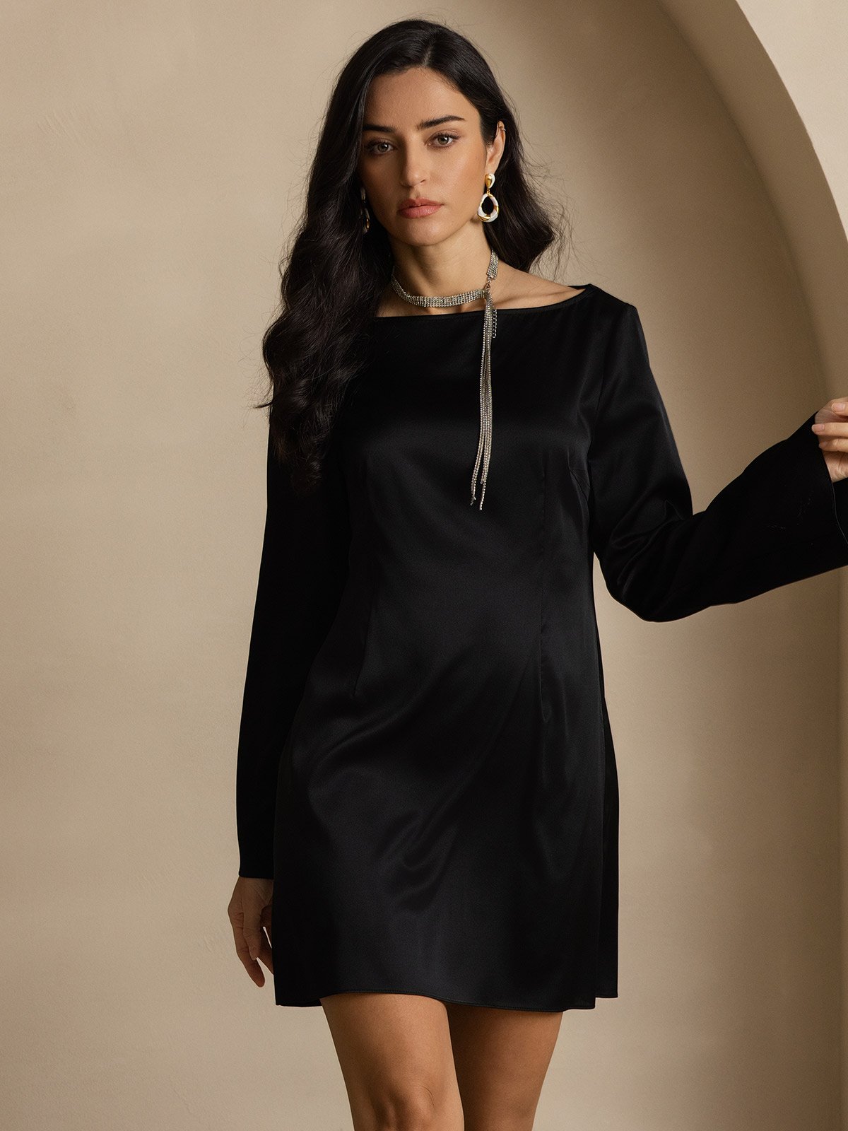 [Black] SilkSilky-UK 19Momme Silk Long Sleeve Boat Neck Dress 005