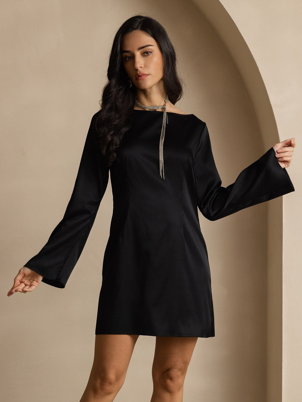 [Black] SilkSilky-UK 19Momme Silk Long Sleeve Boat Neck Dress 006