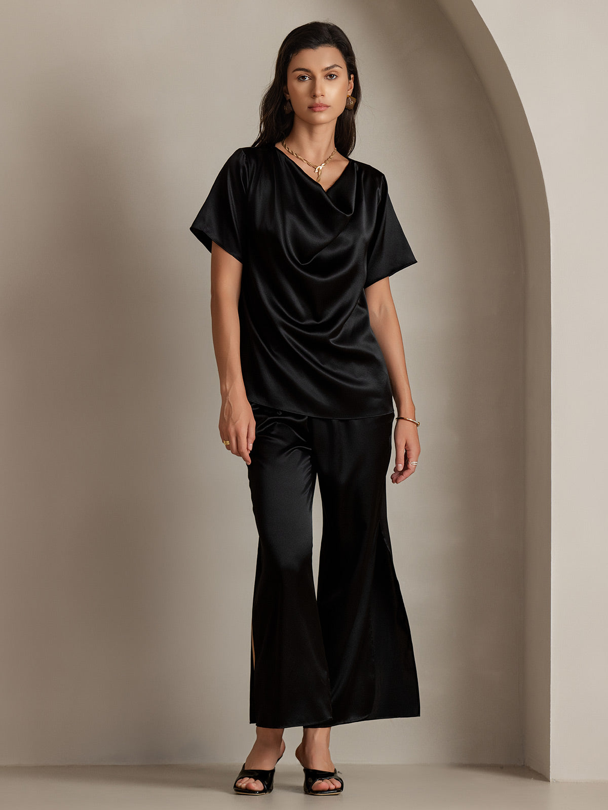 [Black] SilkSilky-UK 19Momme Silk Short Sleeve Cowl Neck Women's T-Shirt 003