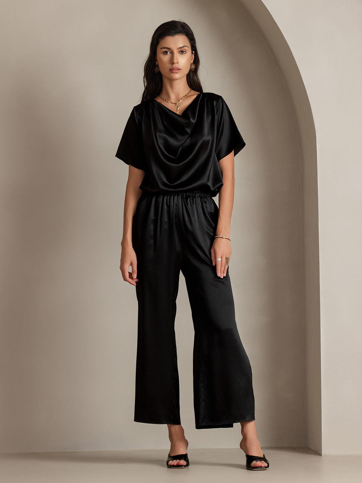 [Black] SilkSilky-UK 19Momme Silk Short Sleeve Cowl Neck Women's T-Shirt 005