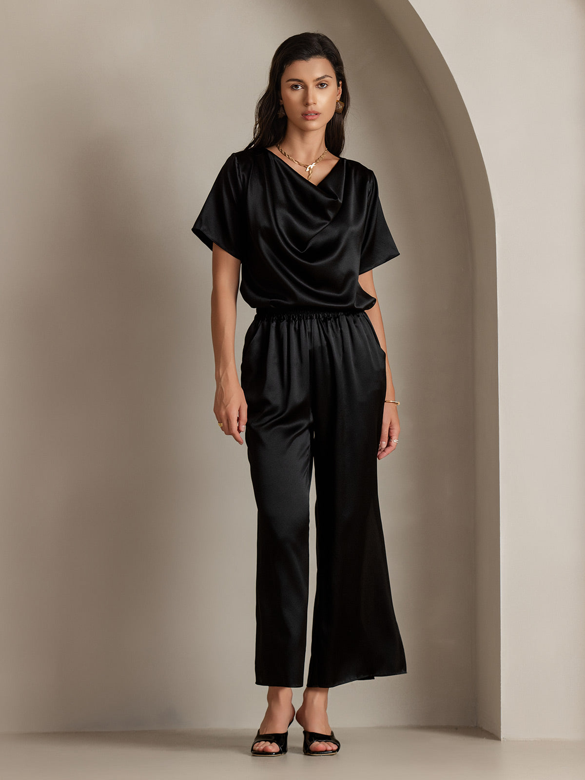 [Black] SilkSilky-UK 19Momme Silk Short Sleeve Cowl Neck Women's T-Shirt 006