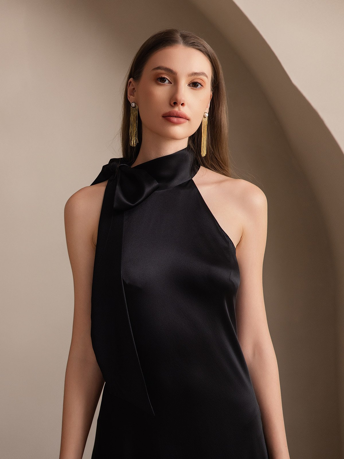 [Black] SilkSilky-UK 19Momme Silk Sleeveless Tie Neck Dress 003