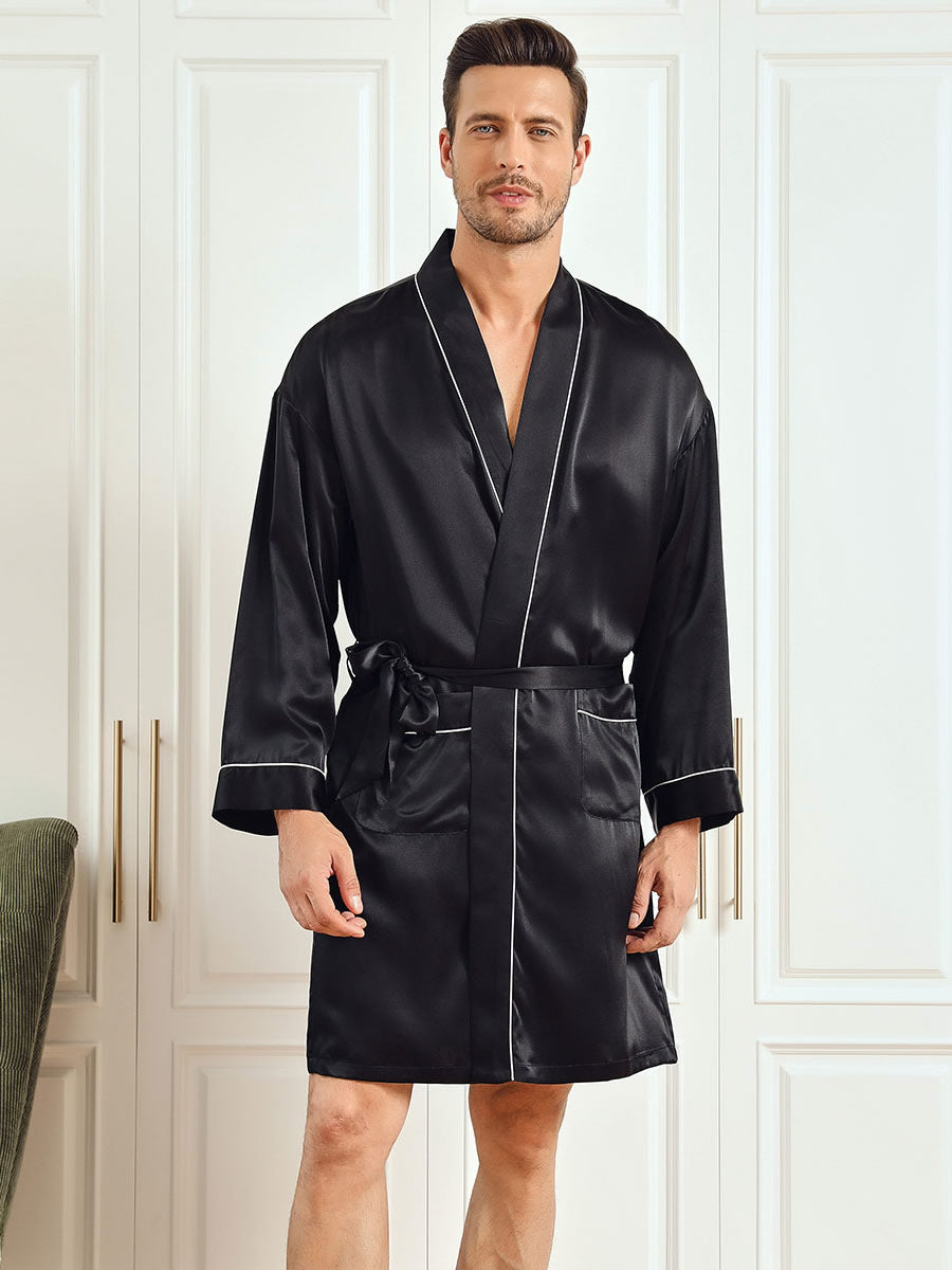 [Black] SilkSilky-UK Pure Silk 3/4 Sleeve Mens Robe 001