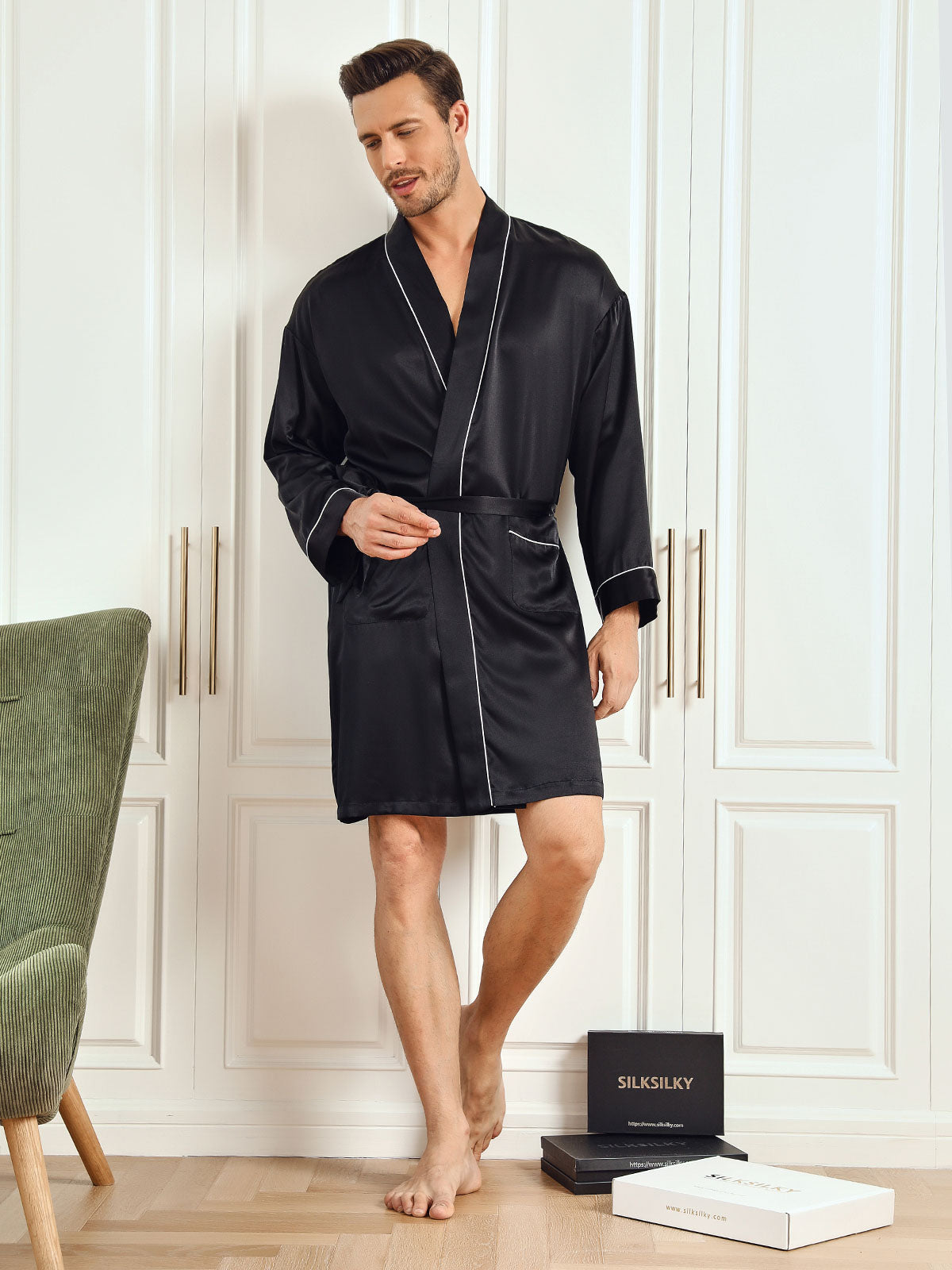 [Black] SilkSilky-UK Pure Silk 3/4 Sleeve Mens Robe 003