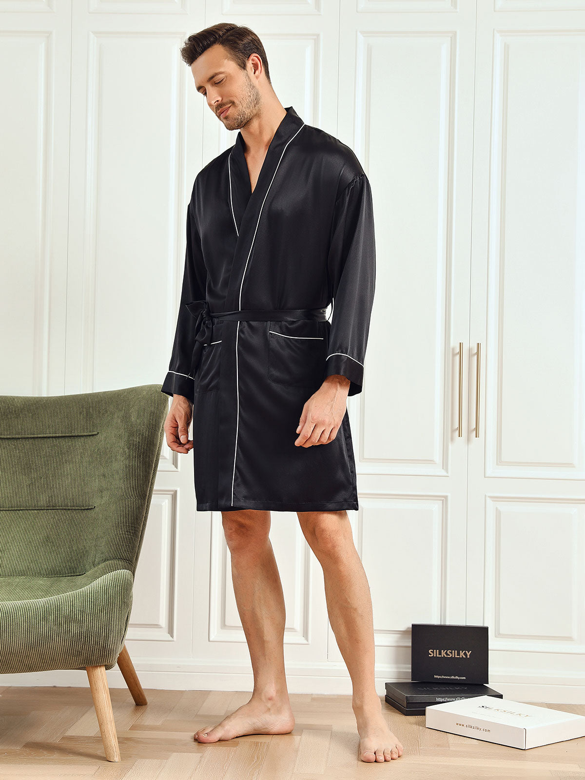 [Black] SilkSilky-UK Pure Silk 3/4 Sleeve Mens Robe 005