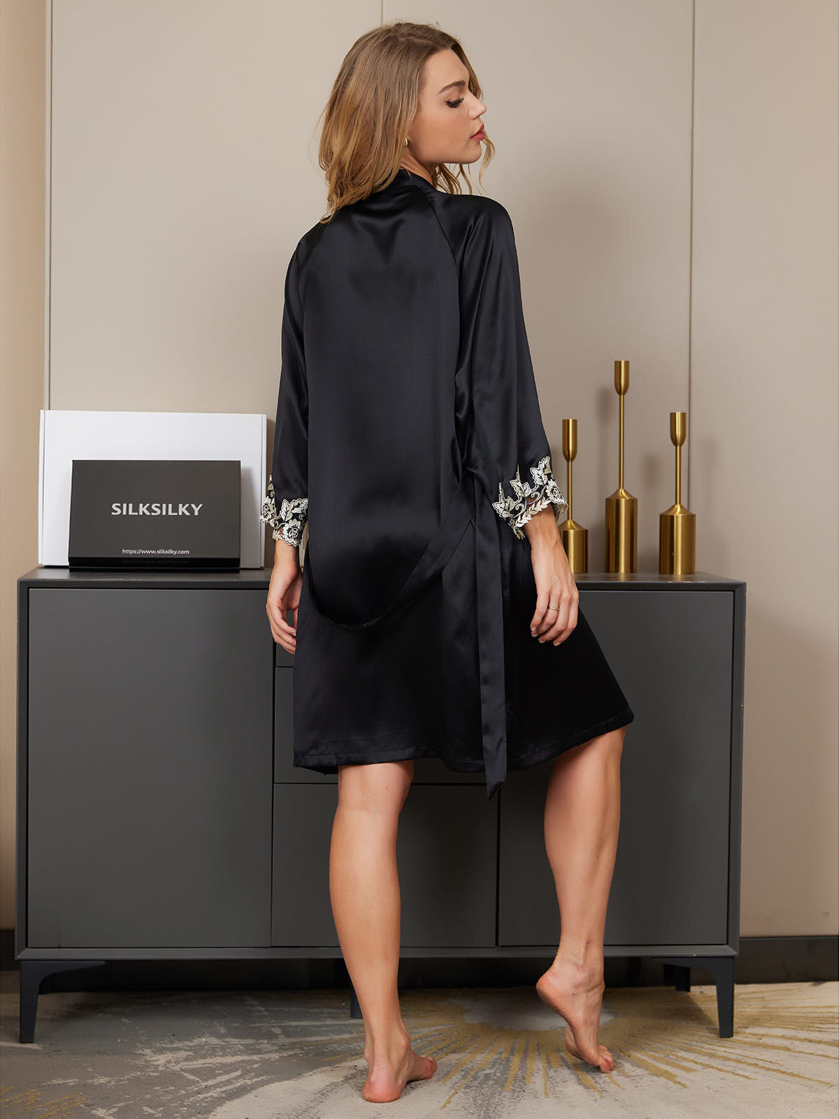 [Black] SilkSilky-UK Pure Silk 3/4 Sleeve Womens Robe 002