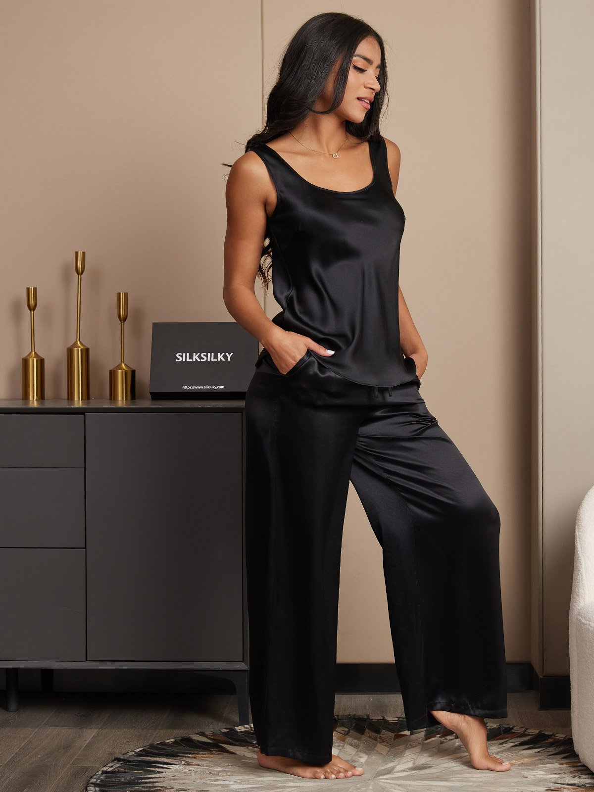 [Black] SilkSilky-UK Pure Silk Boat Neck Camisole Set 004
