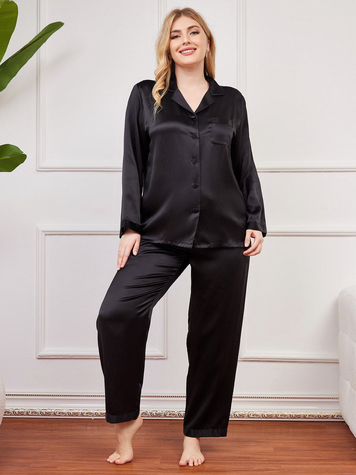 [Black] SilkSilky-UK Pure Silk Long Sleeve Lapel Plus Size Pyjamas 001