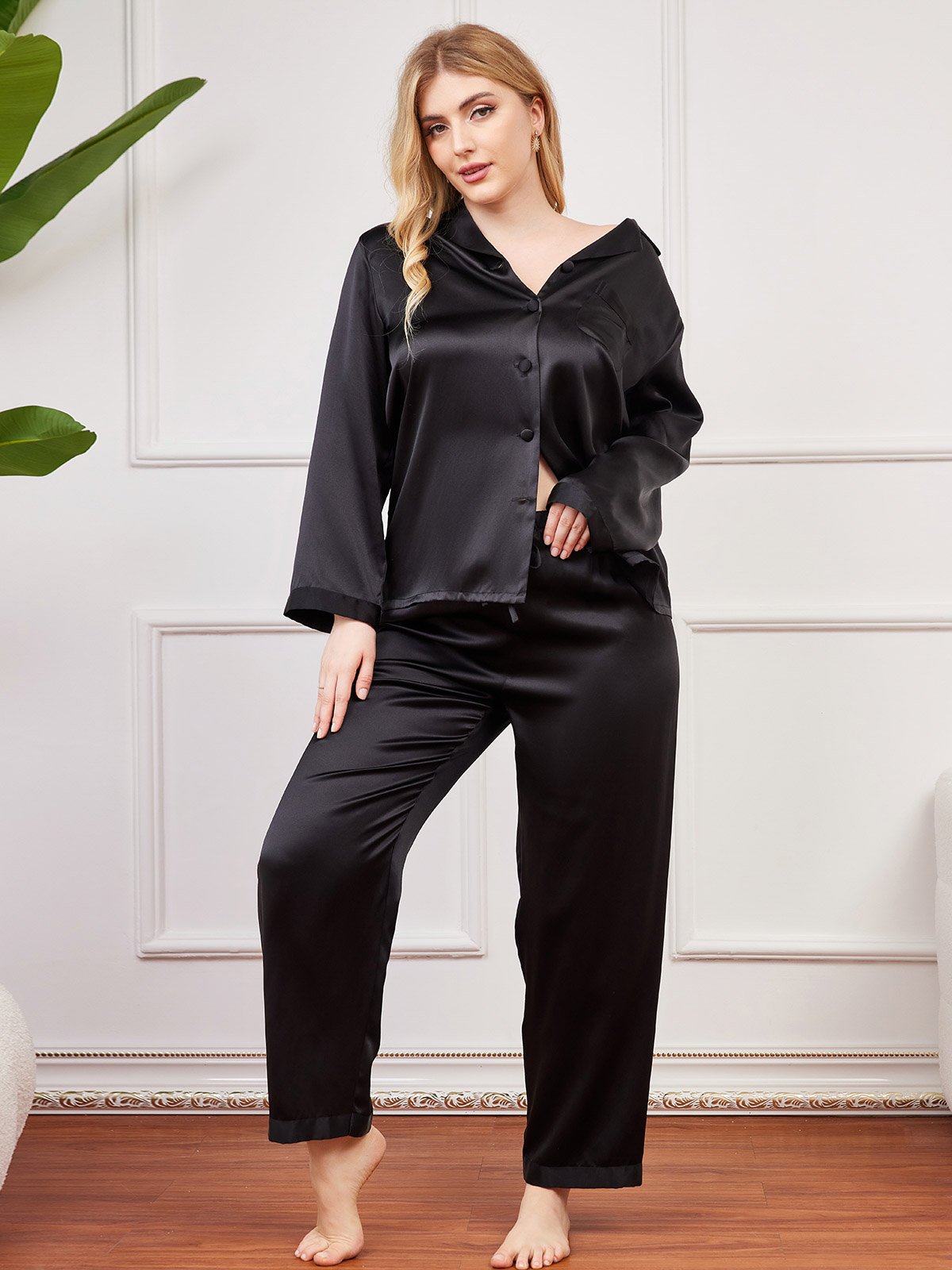 [Black] SilkSilky-UK Pure Silk Long Sleeve Lapel Plus Size Pyjamas 003