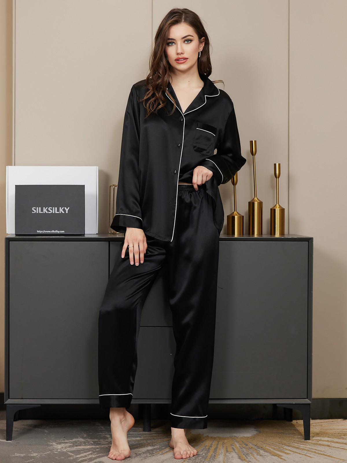 [Black] SilkSilky-UK Pure Silk Long Sleeve Lapel Women's Pyjamas 001