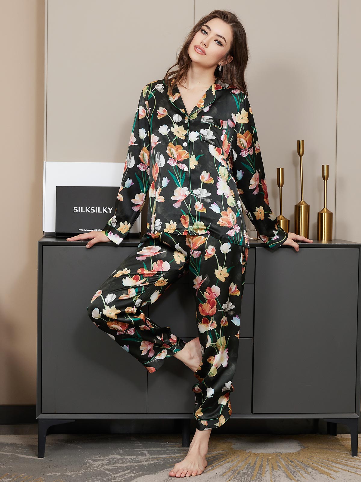[Black] SilkSilky-UK Pure Silk Long Sleeve Lapel Women's Pyjamas 001