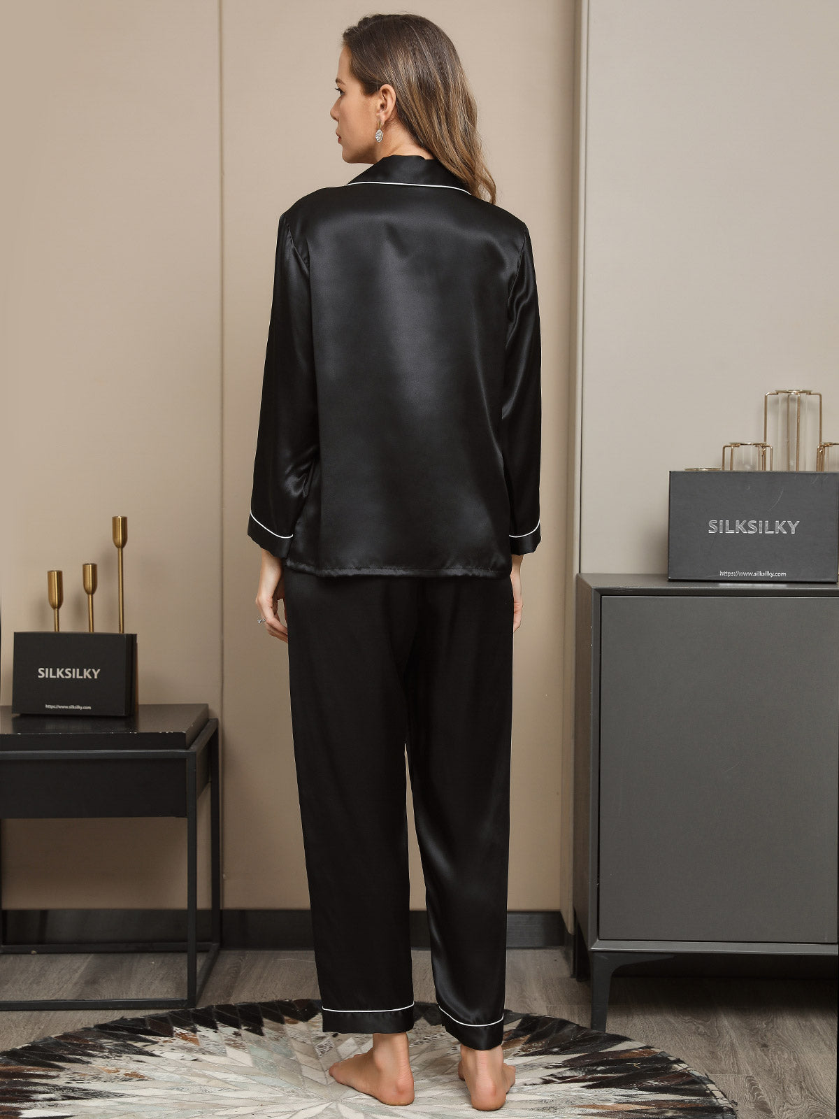 [Black] SilkSilky-UK Pure Silk Long Sleeve Lapel Women's Pyjamas 002