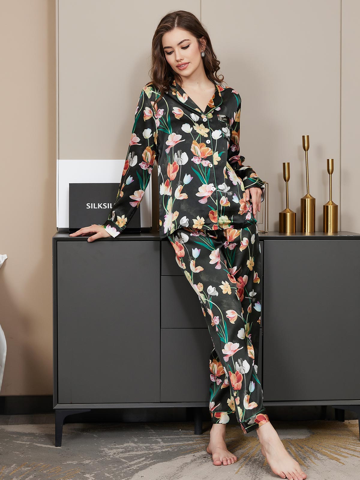[Black] SilkSilky-UK Pure Silk Long Sleeve Lapel Women's Pyjamas 002
