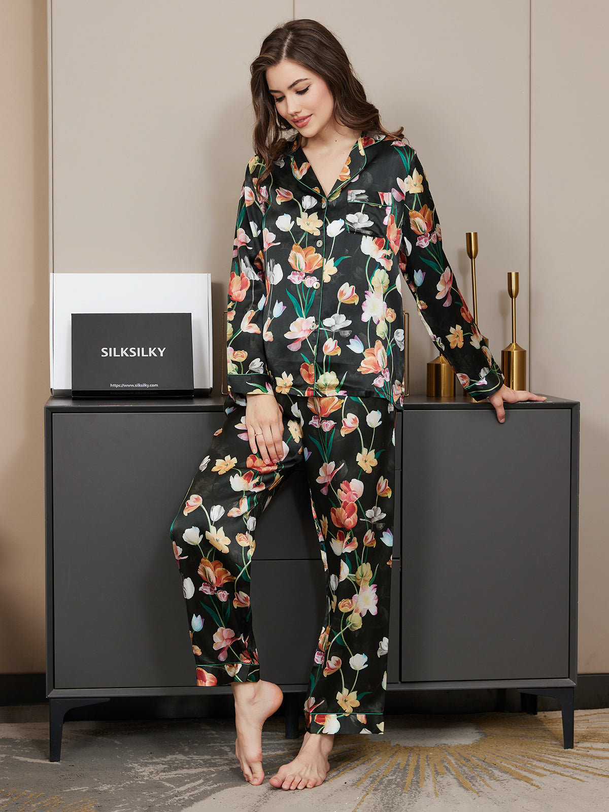 [Black] SilkSilky-UK Pure Silk Long Sleeve Lapel Women's Pyjamas 003