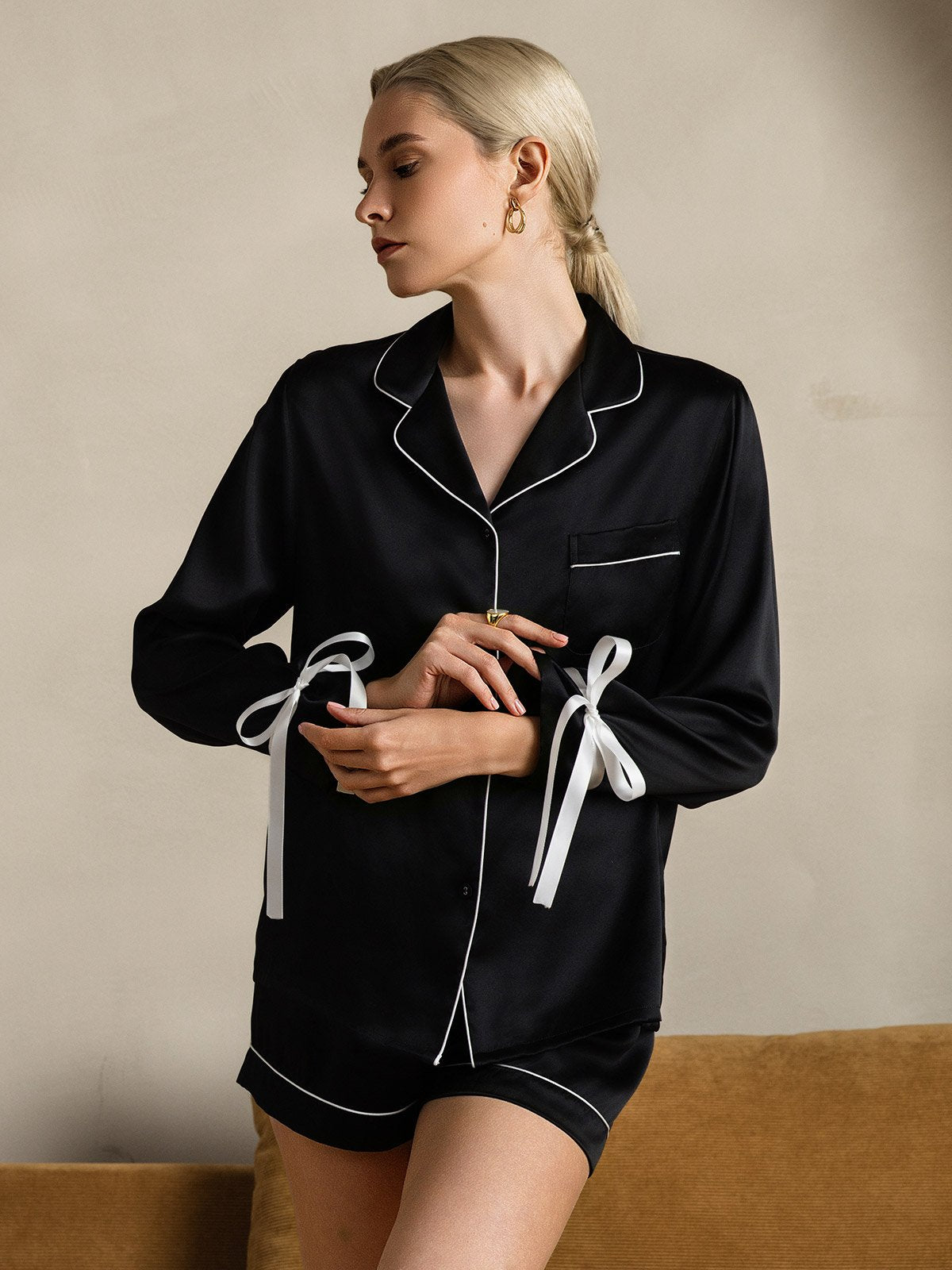 [Black] SilkSilky-UK Pure Silk Long Sleeve Lapel Women's Pyjamas 003
