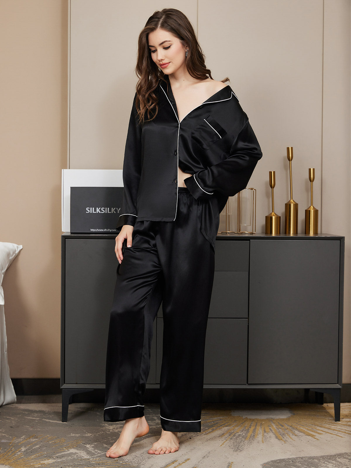[Black] SilkSilky-UK Pure Silk Long Sleeve Lapel Women's Pyjamas 004