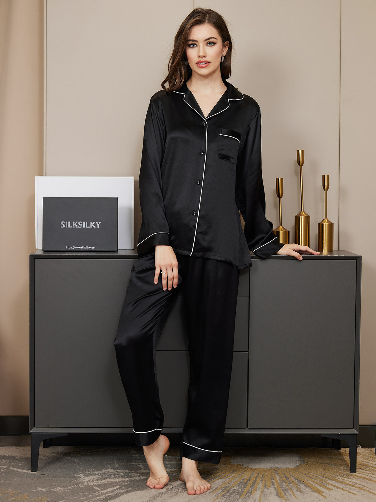 [Black] SilkSilky-UK Pure Silk Long Sleeve Lapel Women's Pyjamas 005