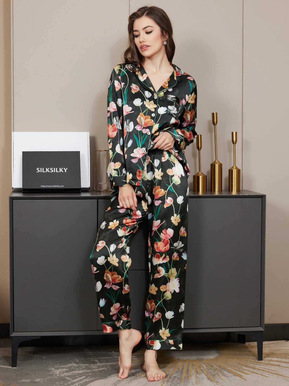[Black] SilkSilky-UK Pure Silk Long Sleeve Lapel Women's Pyjamas 005