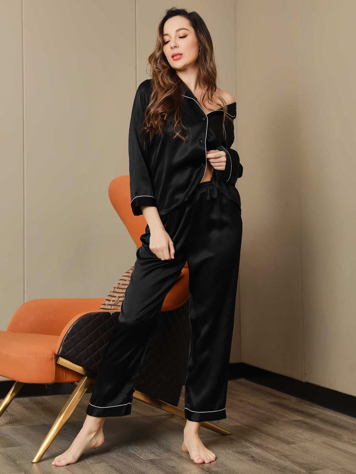 [Black] SilkSilky-UK Pure Silk Long Sleeve Lapel Women's Pyjamas 006