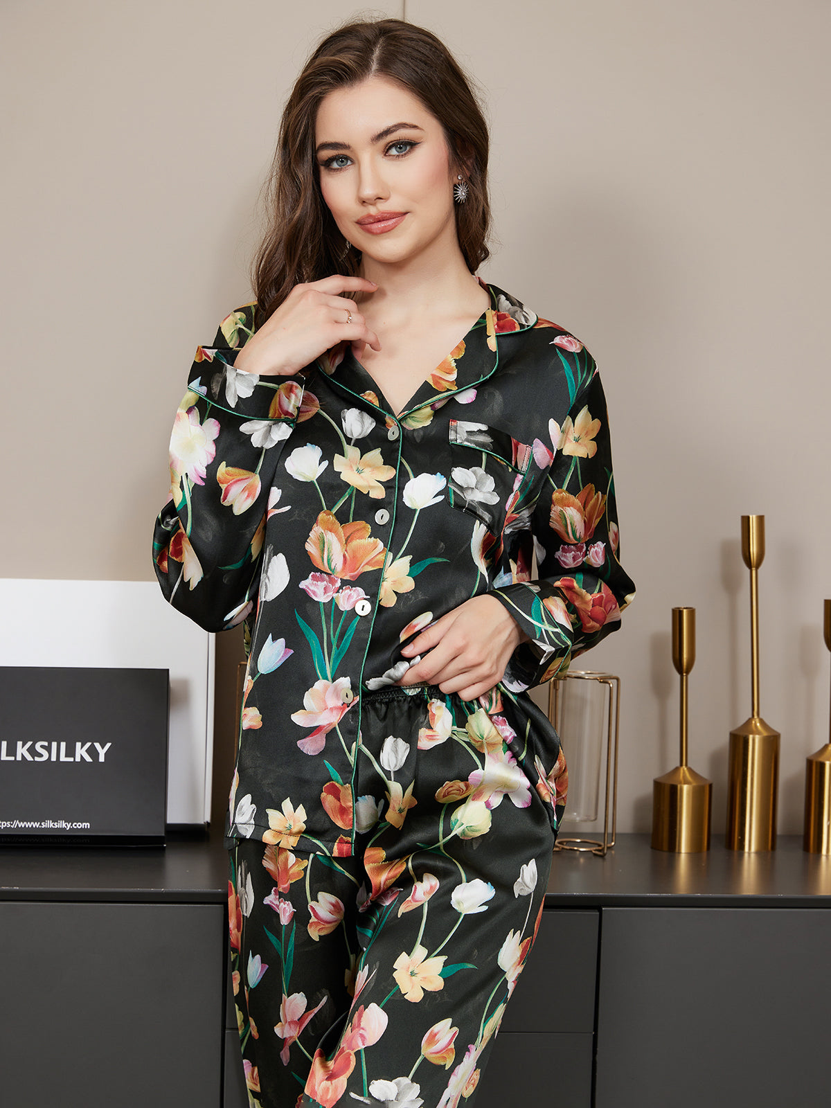 [Black] SilkSilky-UK Pure Silk Long Sleeve Lapel Women's Pyjamas 006