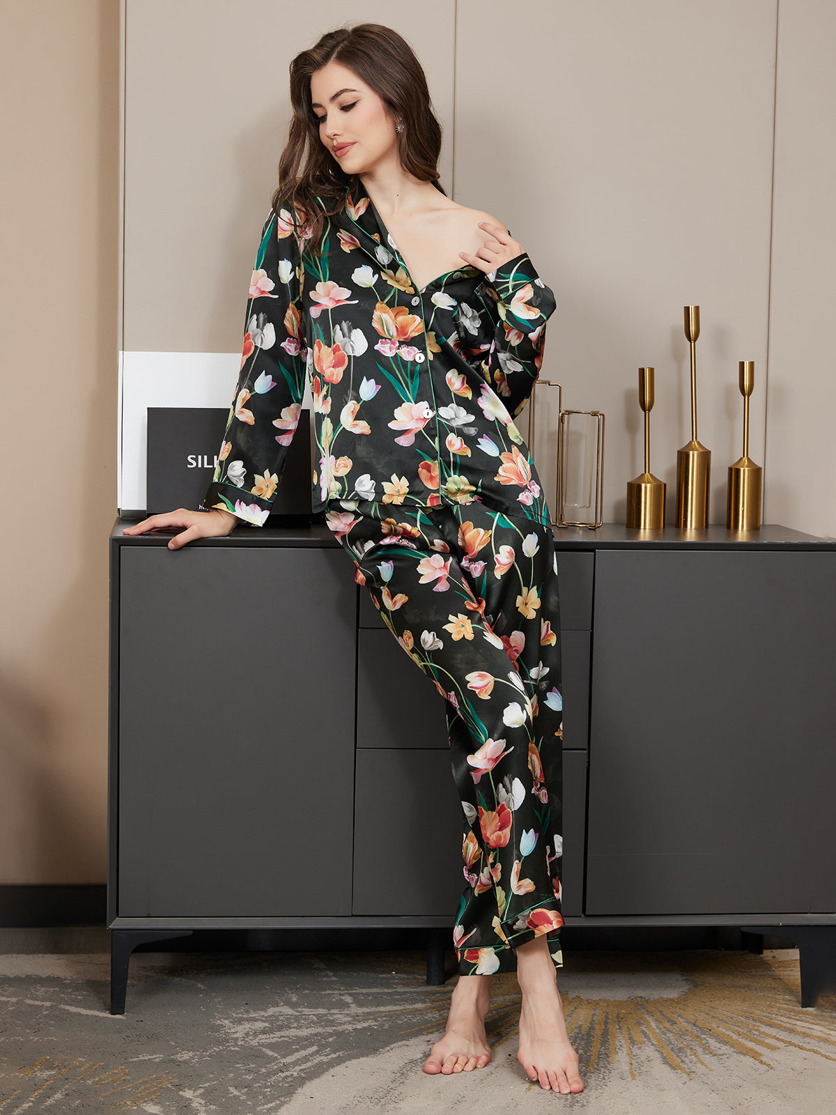 [Black] SilkSilky-UK Pure Silk Long Sleeve Lapel Women's Pyjamas 008