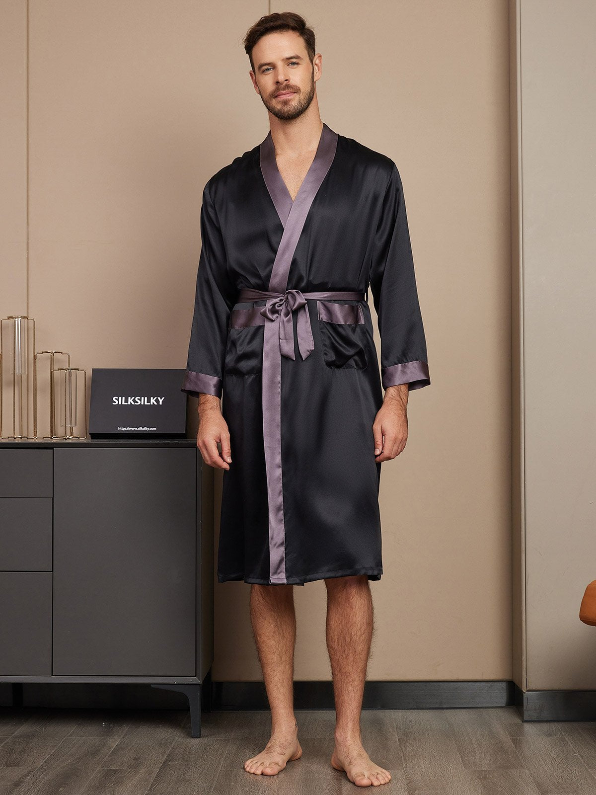 [Black] SilkSilky-UK Pure Silk Long Sleeve Mens Robe 003