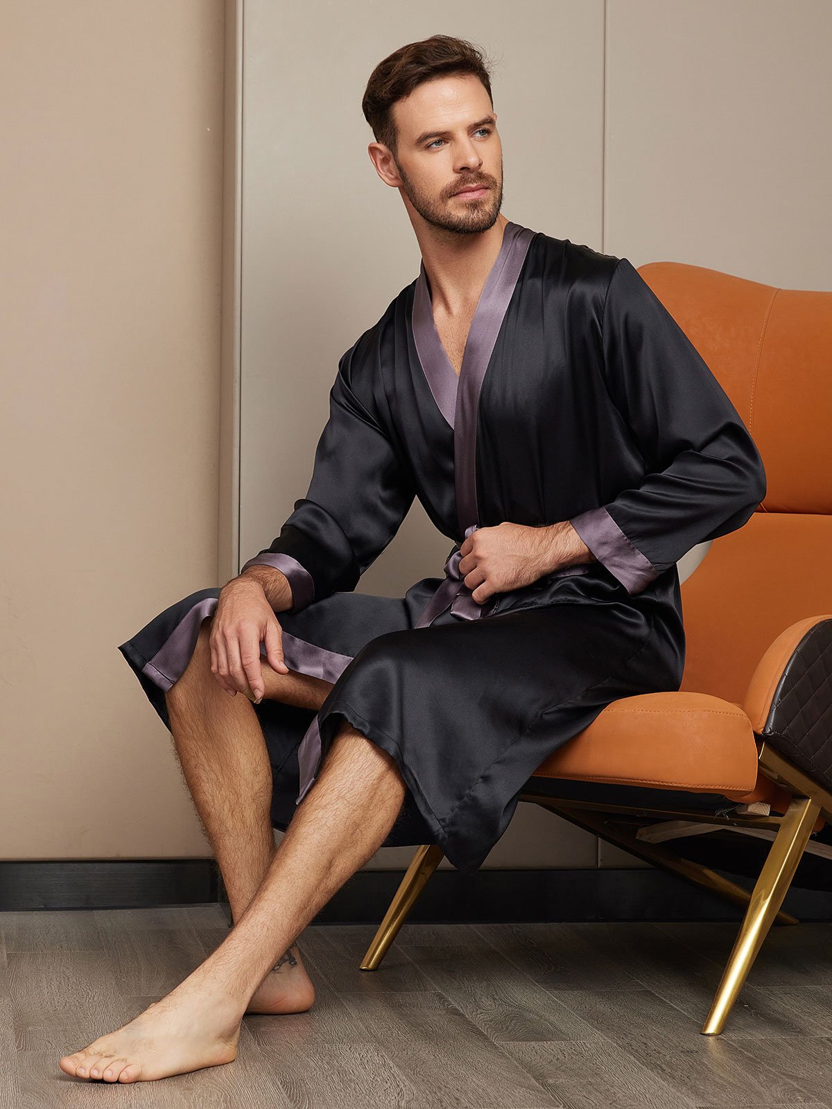 [Black] SilkSilky-UK Pure Silk Long Sleeve Mens Robe 004