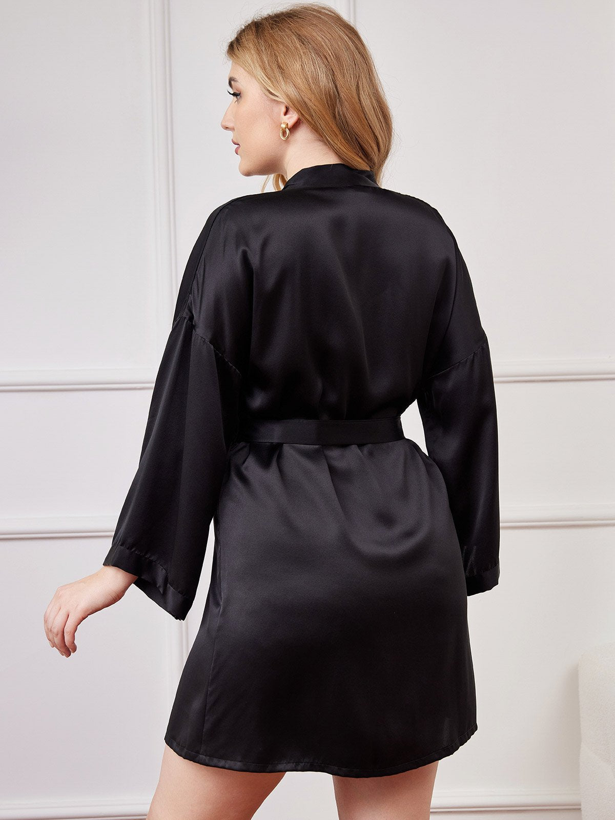 [Black] SilkSilky-UK Pure Silk Long Sleeve V Neck Plus Size Dressing Gown 002