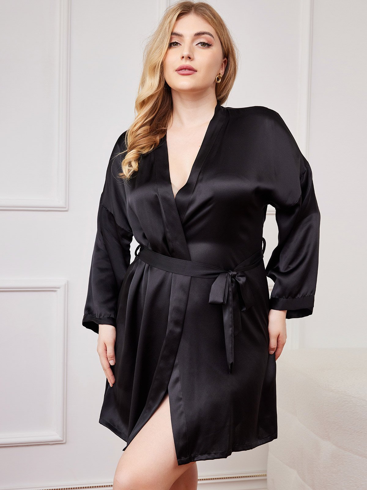 [Black] SilkSilky-UK Pure Silk Long Sleeve V Neck Plus Size Dressing Gown 004