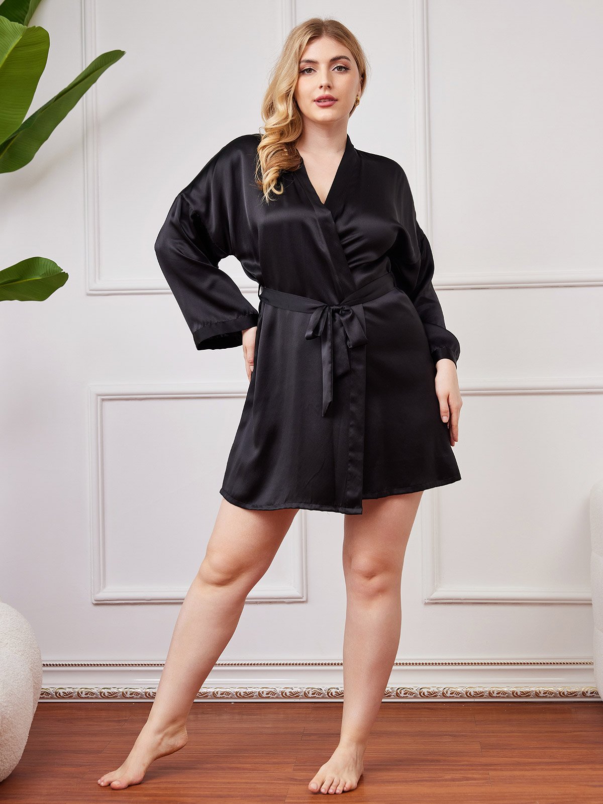 [Black] SilkSilky-UK Pure Silk Long Sleeve V Neck Plus Size Dressing Gown 005