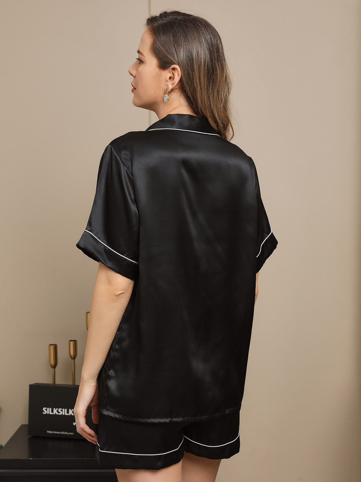 [Black] SilkSilky-UK Pure Silk Short Sleeve Lapel Women's Pyjamas 002
