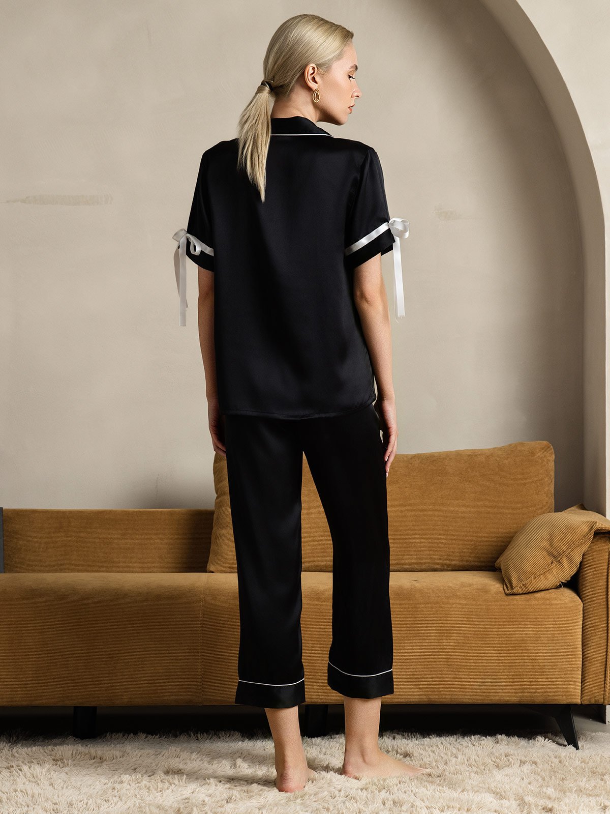 [Black] SilkSilky-UK Pure Silk Short Sleeve Lapel Women's Pyjamas 002