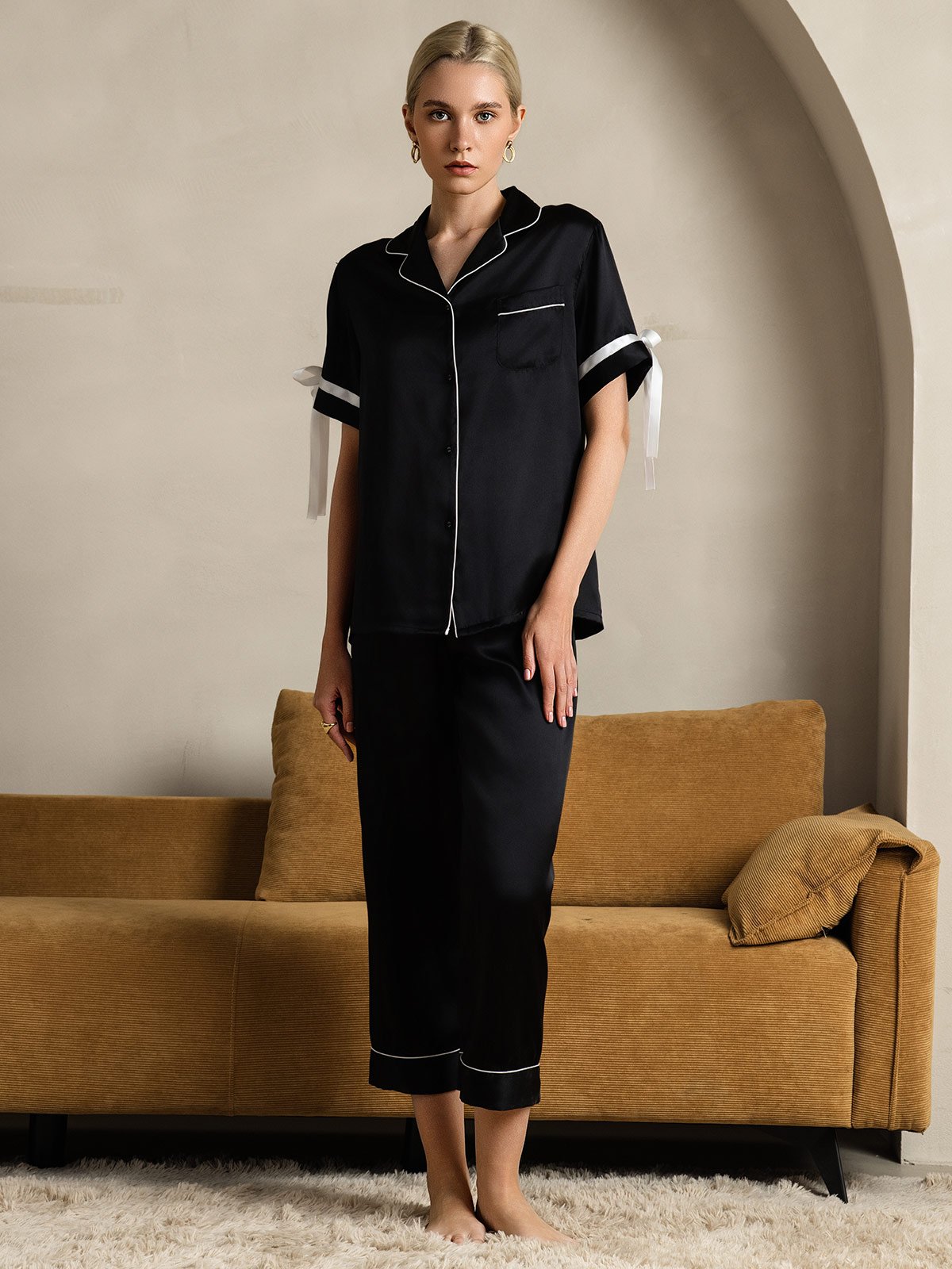[Black] SilkSilky-UK Pure Silk Short Sleeve Lapel Women's Pyjamas 003