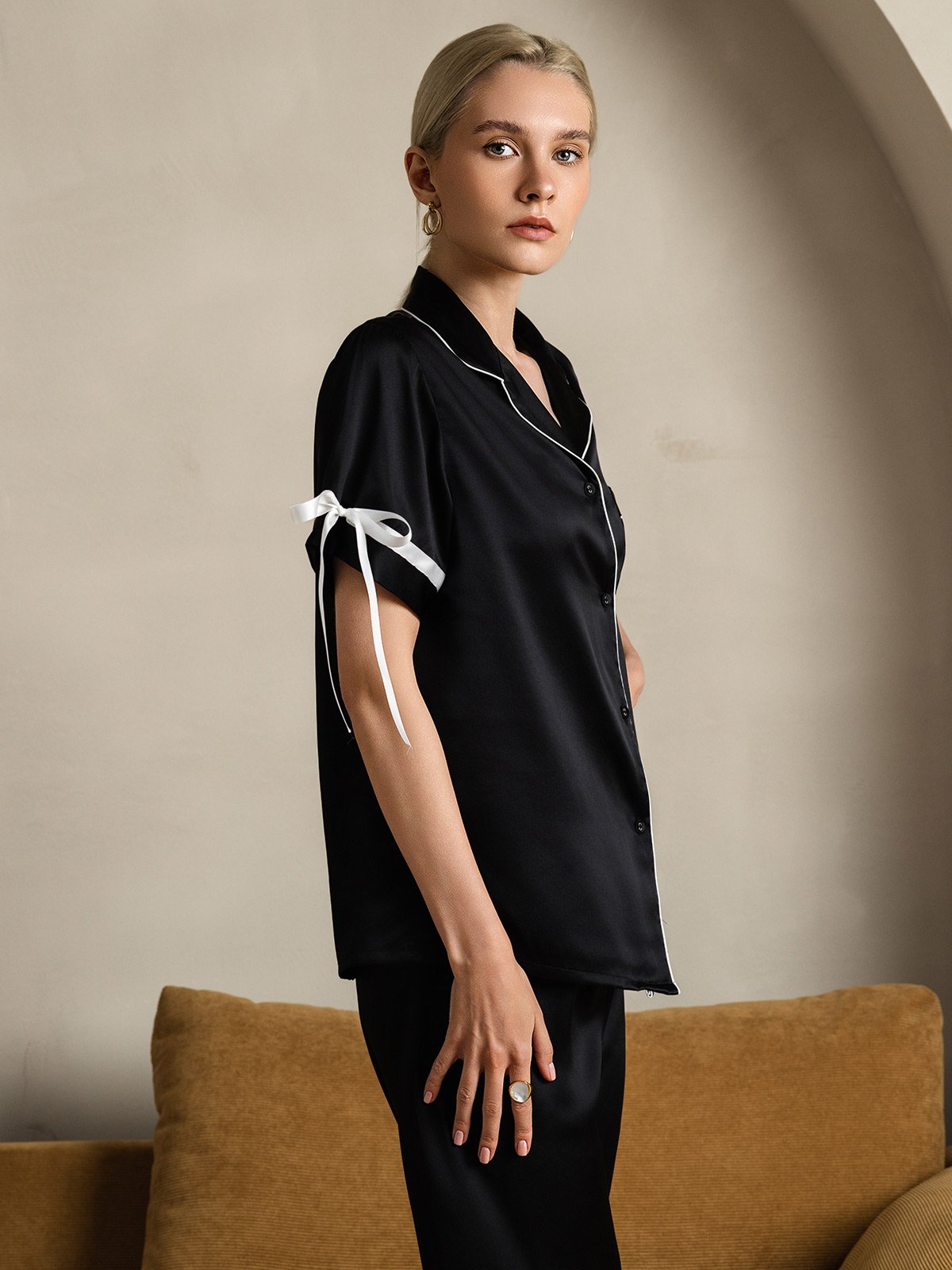 [Black] SilkSilky-UK Pure Silk Short Sleeve Lapel Women's Pyjamas 006