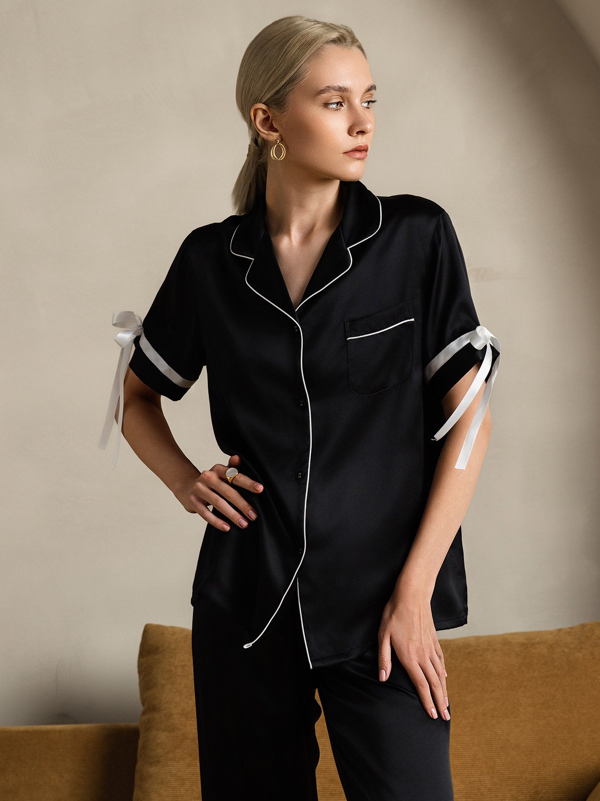 [Black] SilkSilky-UK Pure Silk Short Sleeve Lapel Women's Pyjamas 008