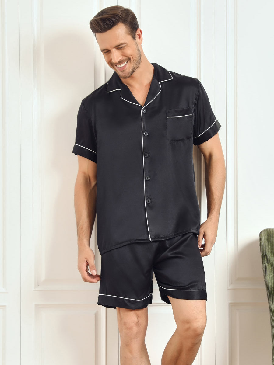 [Black] SilkSilky-UK Pure Silk Short Sleeve Mens Pajamas 001