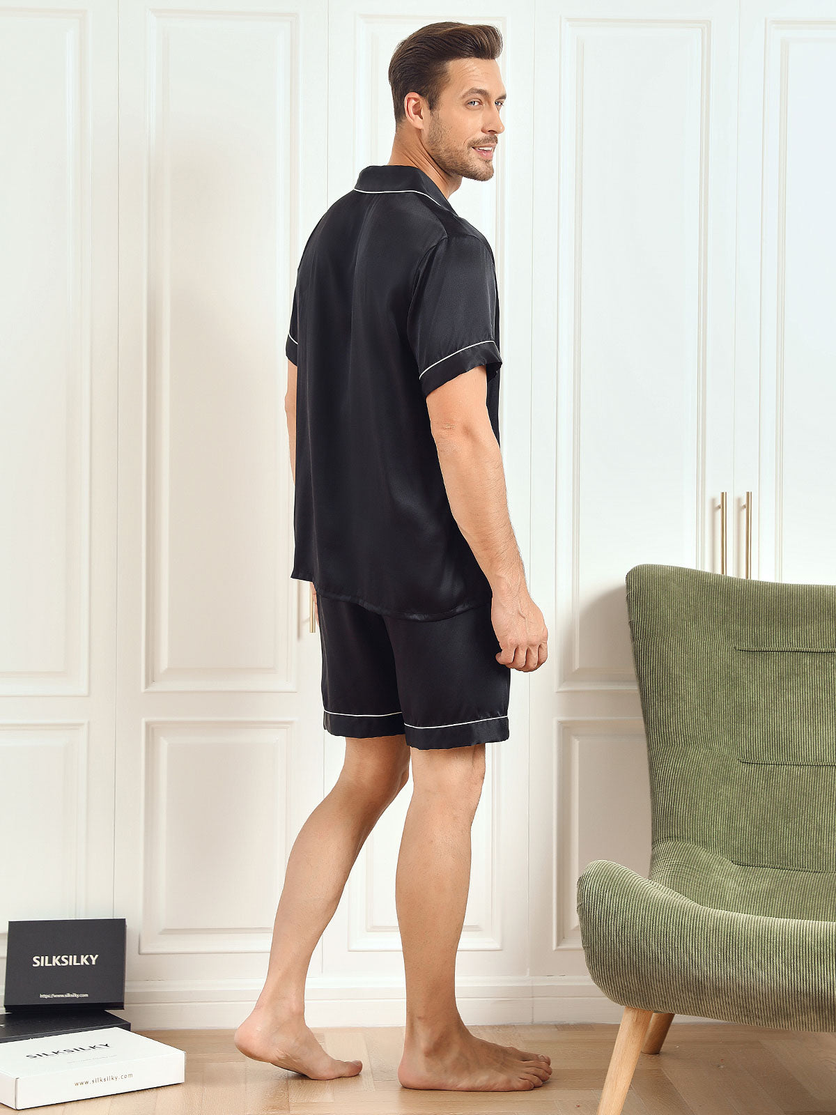[Black] SilkSilky-UK Pure Silk Short Sleeve Mens Pajamas 002