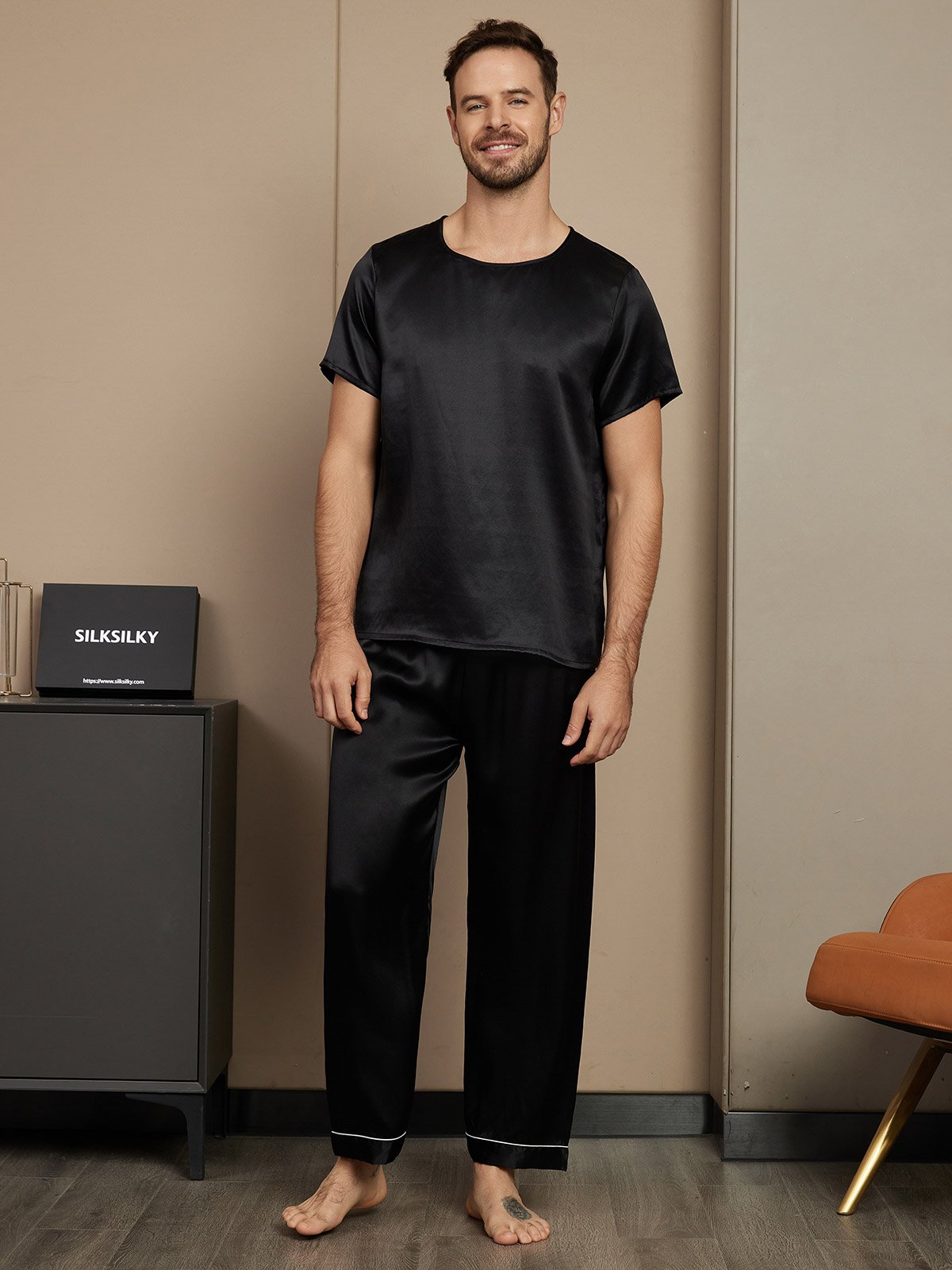 [Black] SilkSilky-UK Pure Silk Short Sleeve Round Neck Men's Pyjamas 001