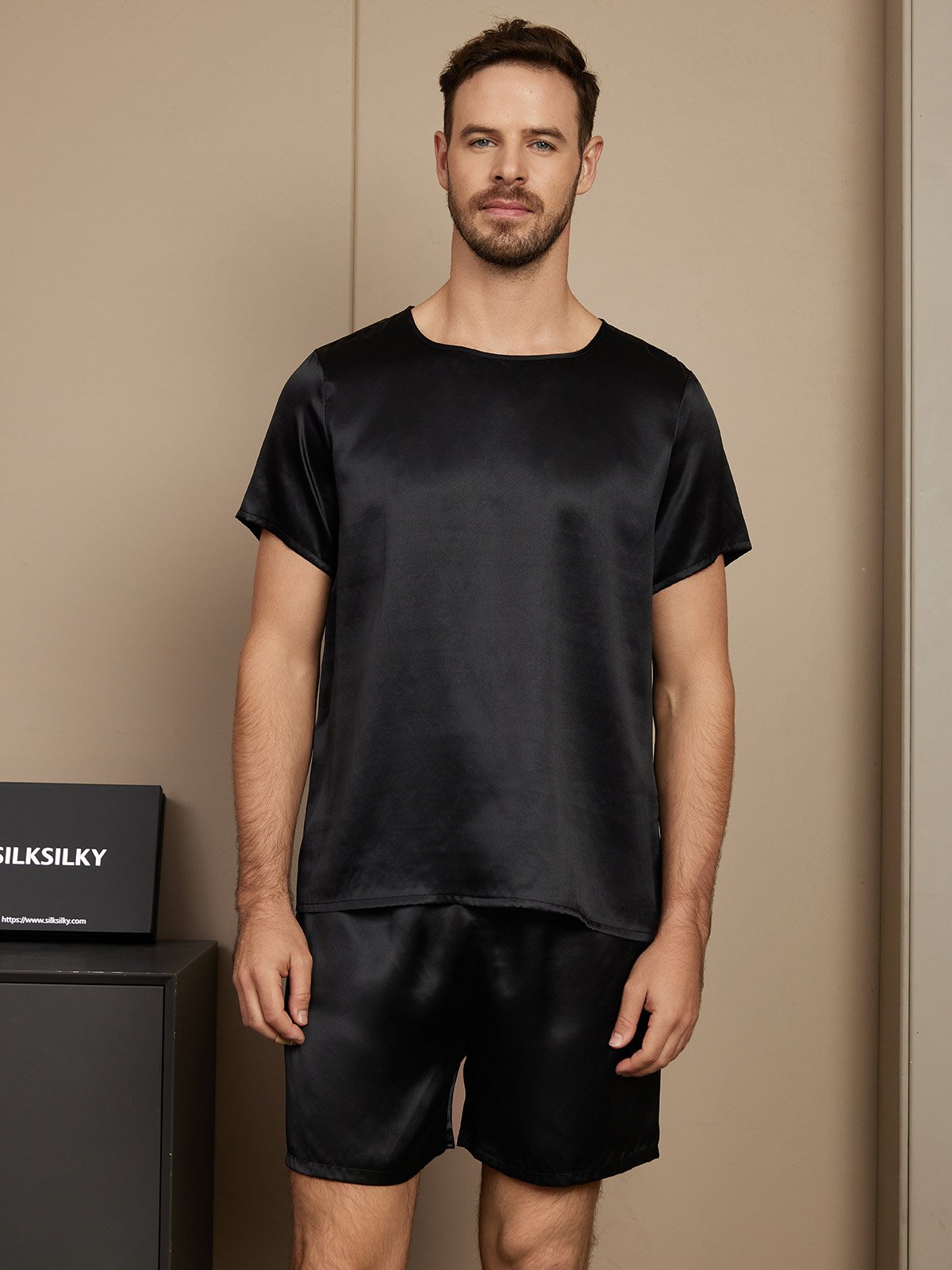 [Black] SilkSilky-UK Pure Silk Short Sleeve Round Neck Men's Pyjamas 001