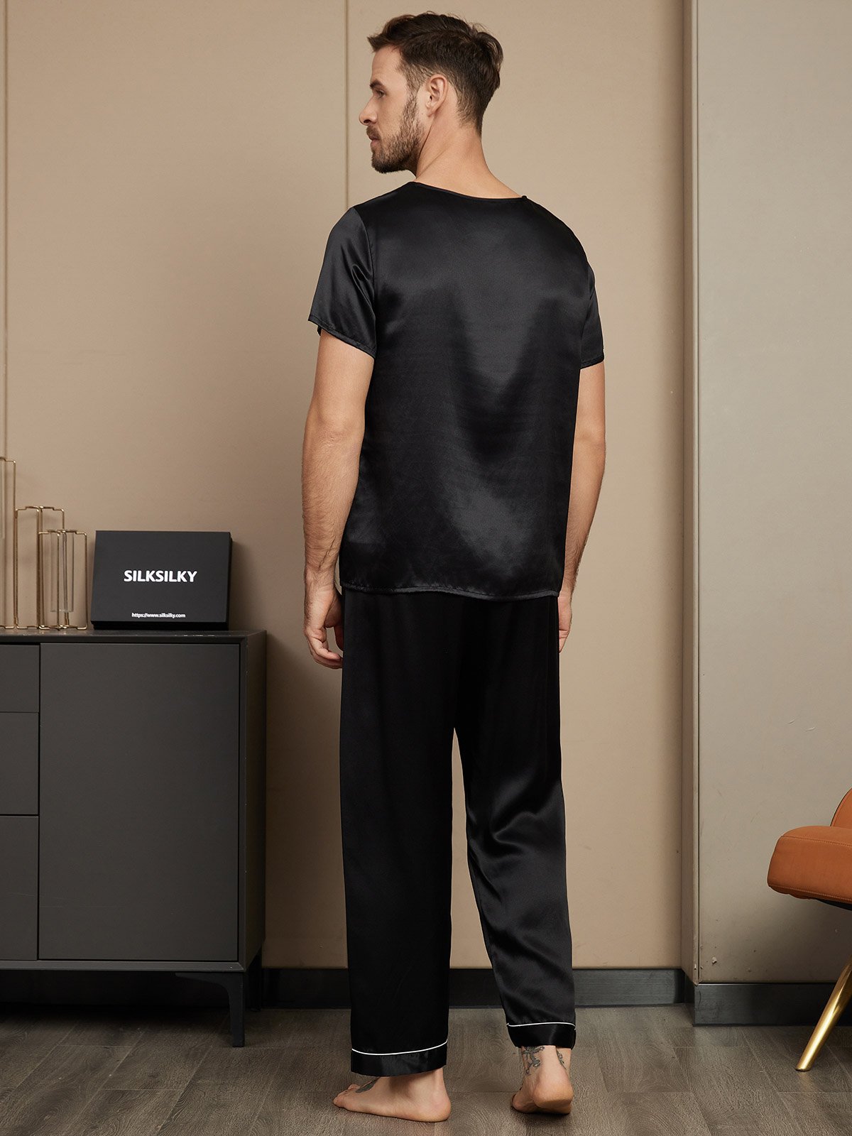[Black] SilkSilky-UK Pure Silk Short Sleeve Round Neck Men's Pyjamas 002