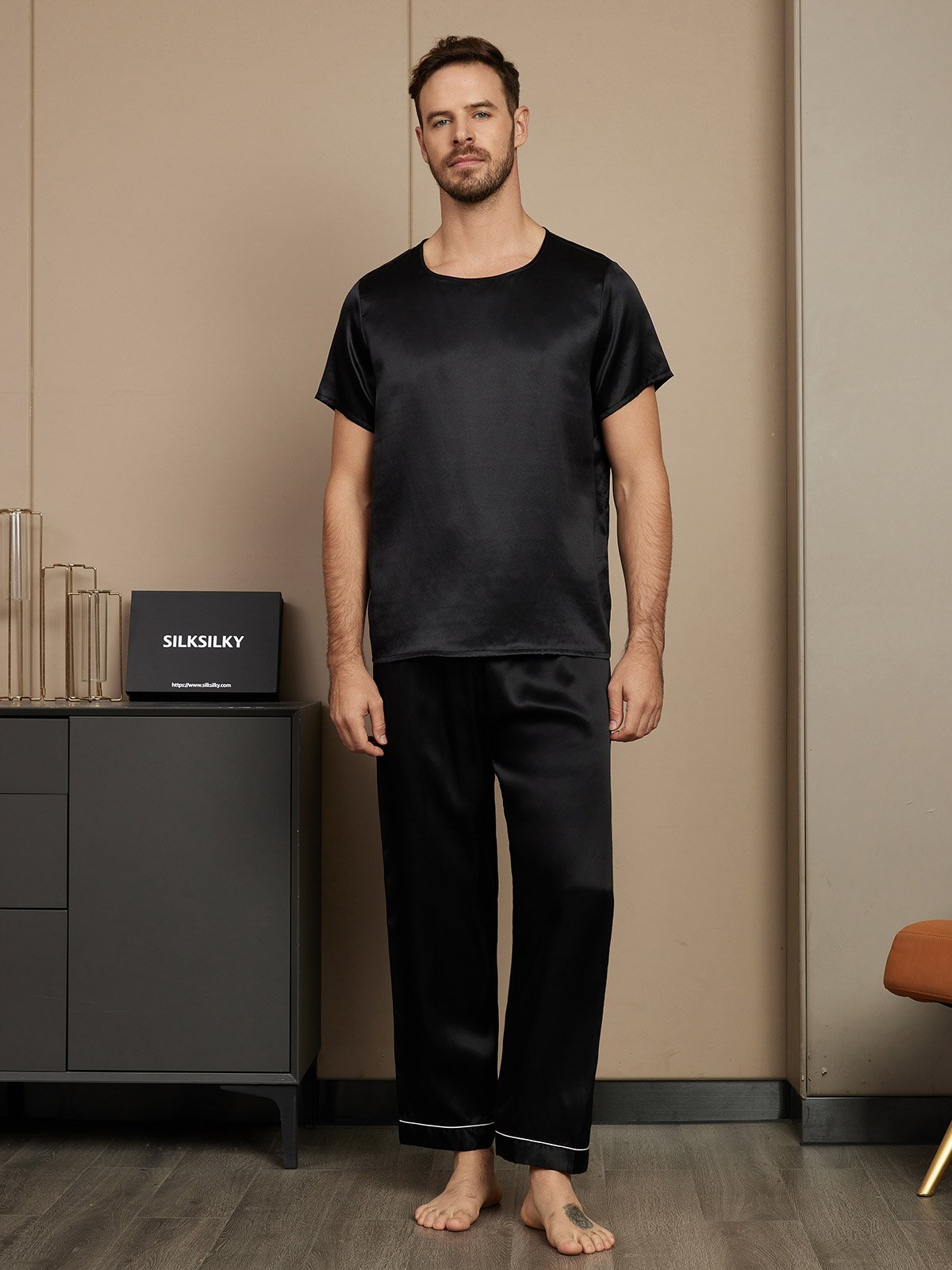 [Black] SilkSilky-UK Pure Silk Short Sleeve Round Neck Men's Pyjamas 003