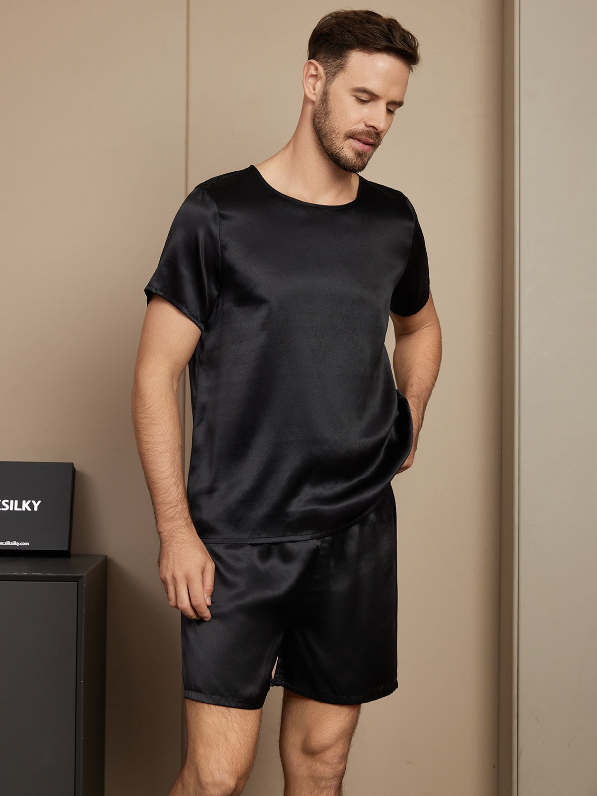 [Black] SilkSilky-UK Pure Silk Short Sleeve Round Neck Men's Pyjamas 003