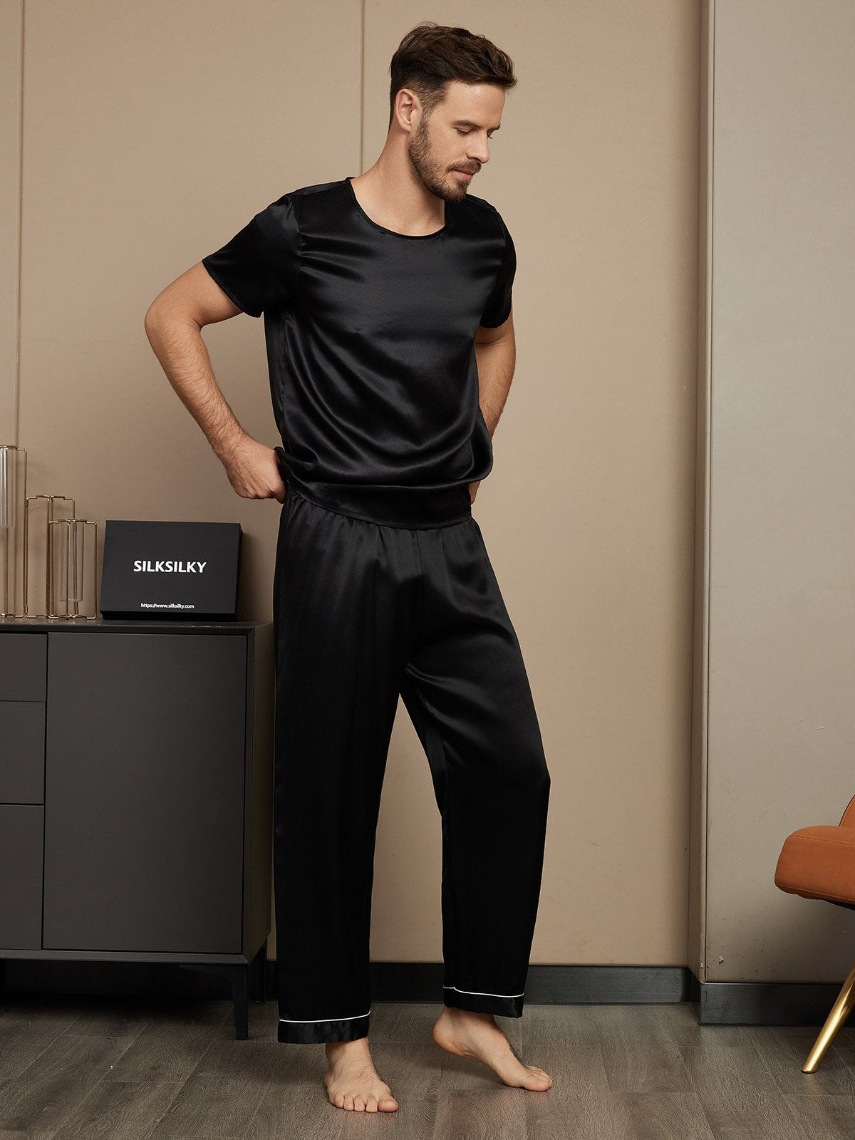 [Black] SilkSilky-UK Pure Silk Short Sleeve Round Neck Men's Pyjamas 004