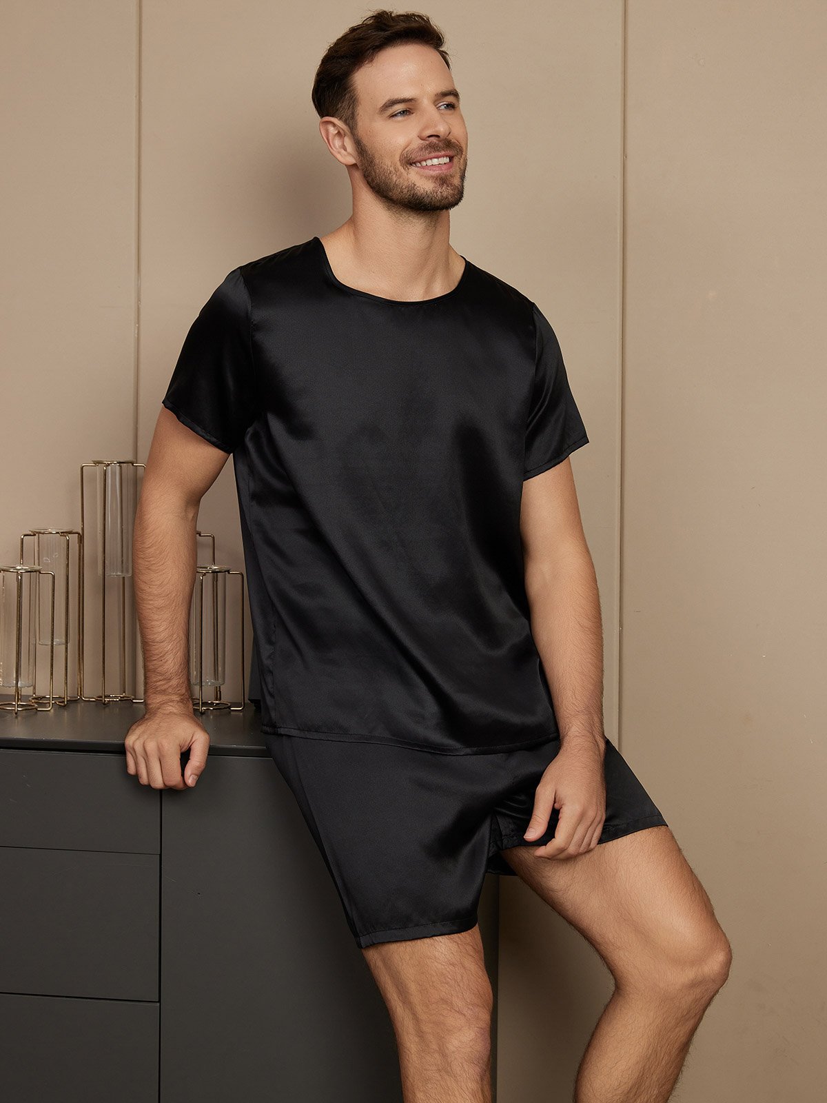 [Black] SilkSilky-UK Pure Silk Short Sleeve Round Neck Men's Pyjamas 004