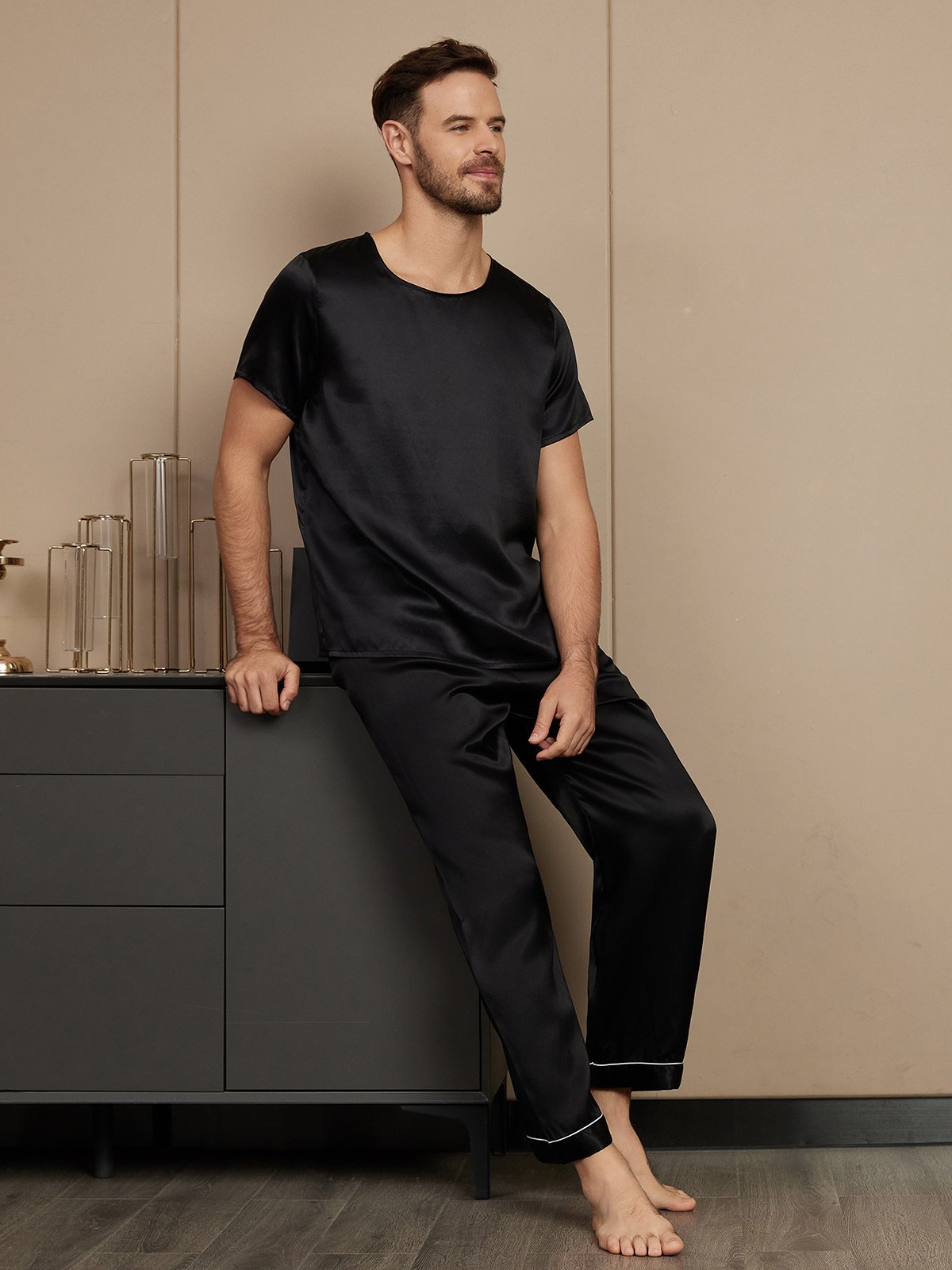 [Black] SilkSilky-UK Pure Silk Short Sleeve Round Neck Men's Pyjamas 005