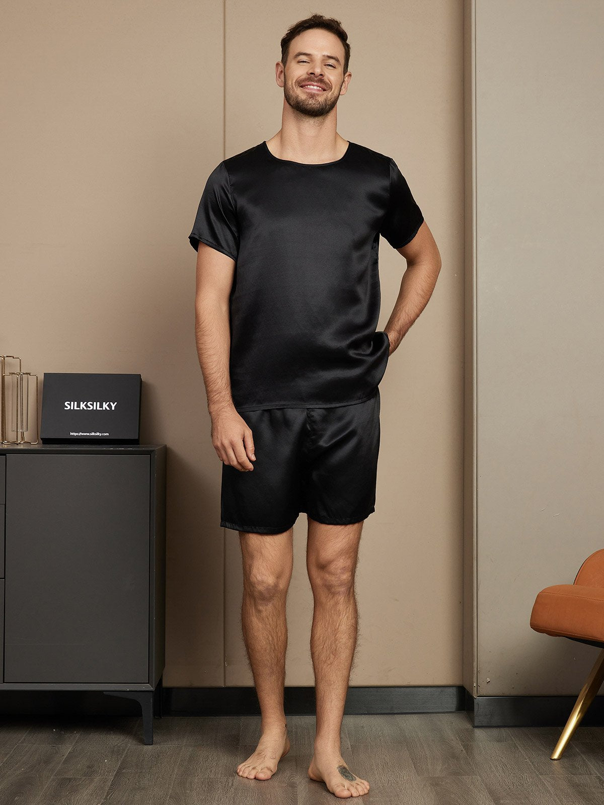 [Black] SilkSilky-UK Pure Silk Short Sleeve Round Neck Men's Pyjamas 005