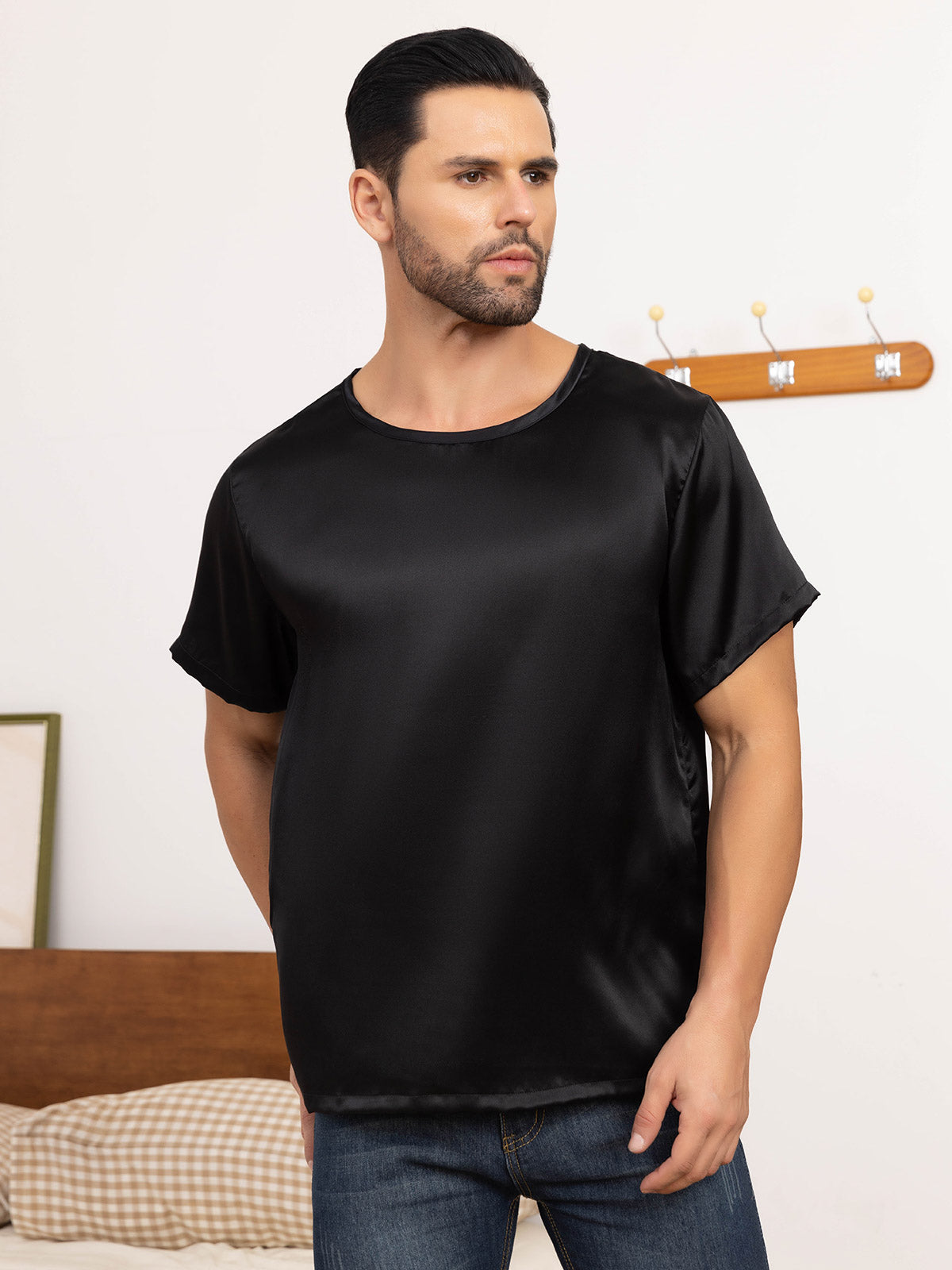 [Black] SilkSilky-UK Pure Silk Short Sleeve Round Neck Men's T-Shirt 001