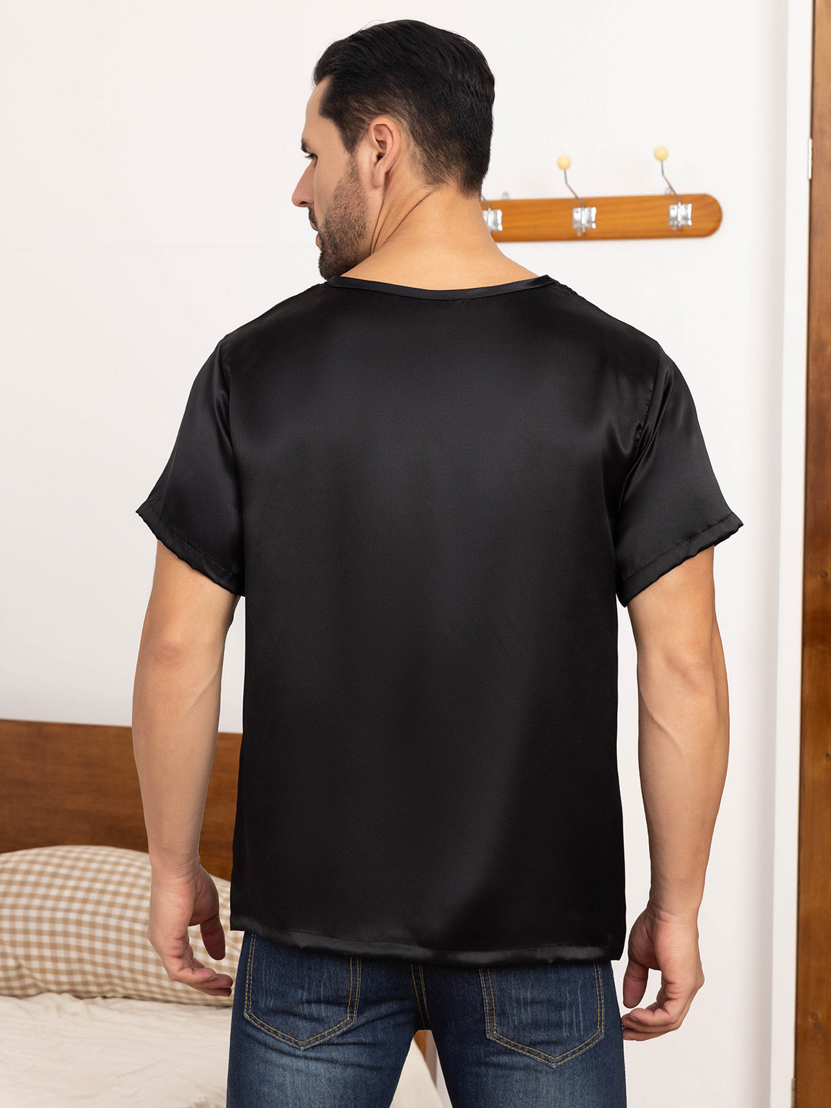 [Black] SilkSilky-UK Pure Silk Short Sleeve Round Neck Men's T-Shirt 002