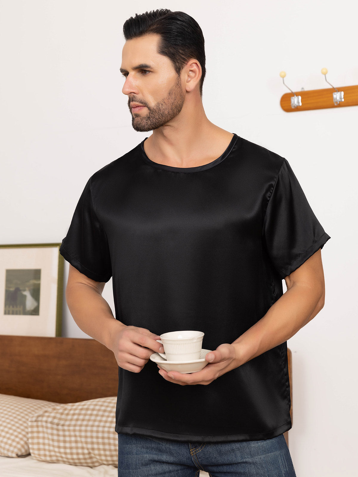 [Black] SilkSilky-UK Pure Silk Short Sleeve Round Neck Men's T-Shirt 005